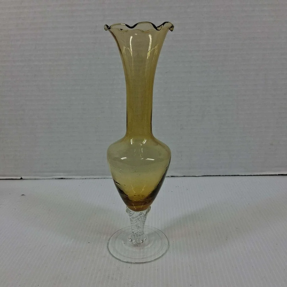 Vintage Amber Hand Blown Glass Bud Vase Twisted Stem Ruffled Rim 7.5 Inch MCM